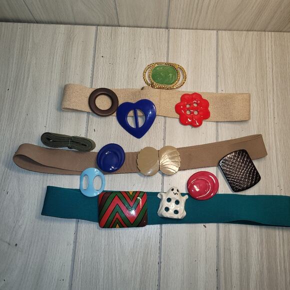 Vtg Lot Of 4 70s-80s Stretch Belts 11 Unique Interchangeable Buckles Bakelite main image 4